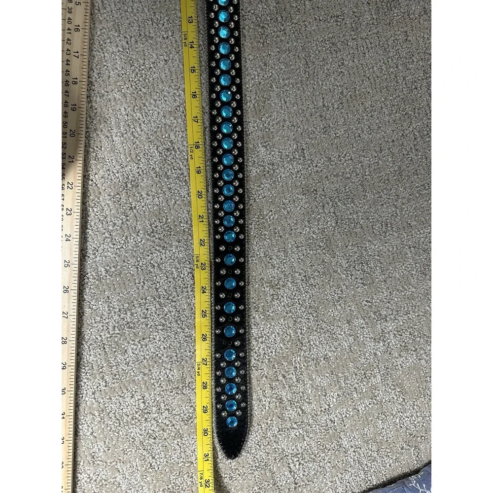Western Hair On Hide Belt Size 24 Turquoise Studded Rhinestone Silver Buckle